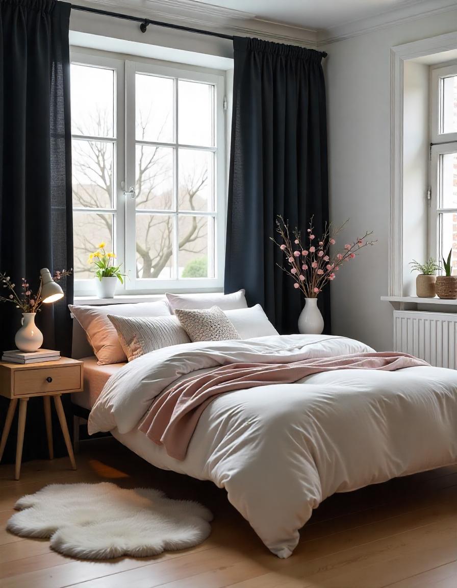 Classic black curtains in bedroom