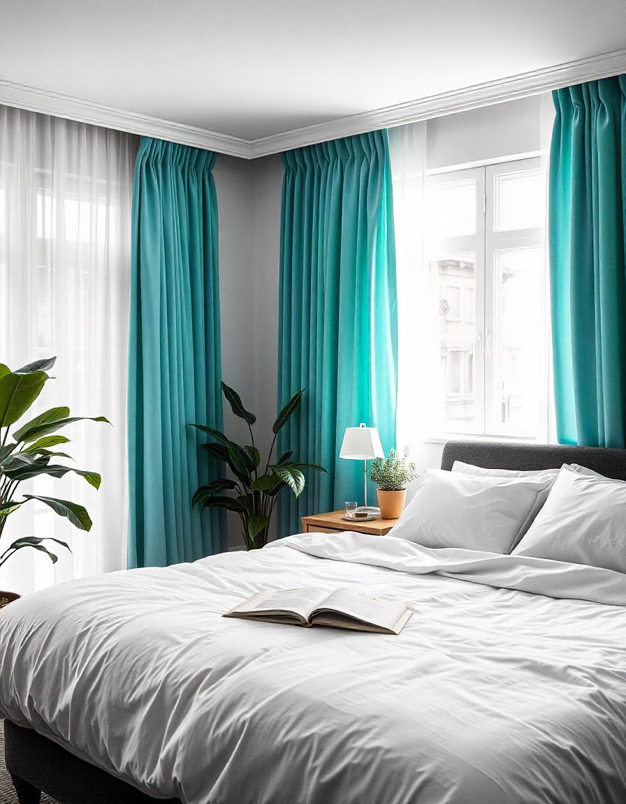 Costal teal curtains in bedroom