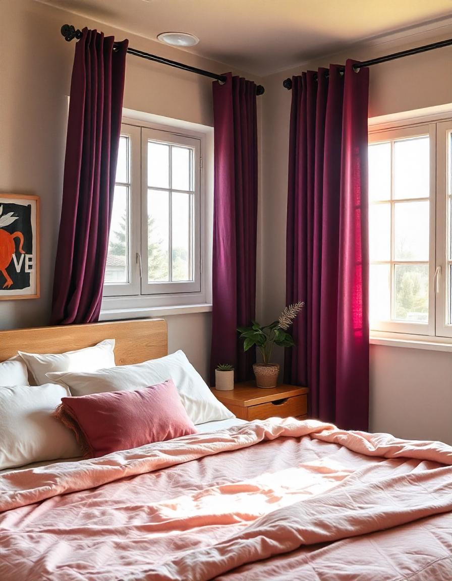 Moody plum curtains in bedroom