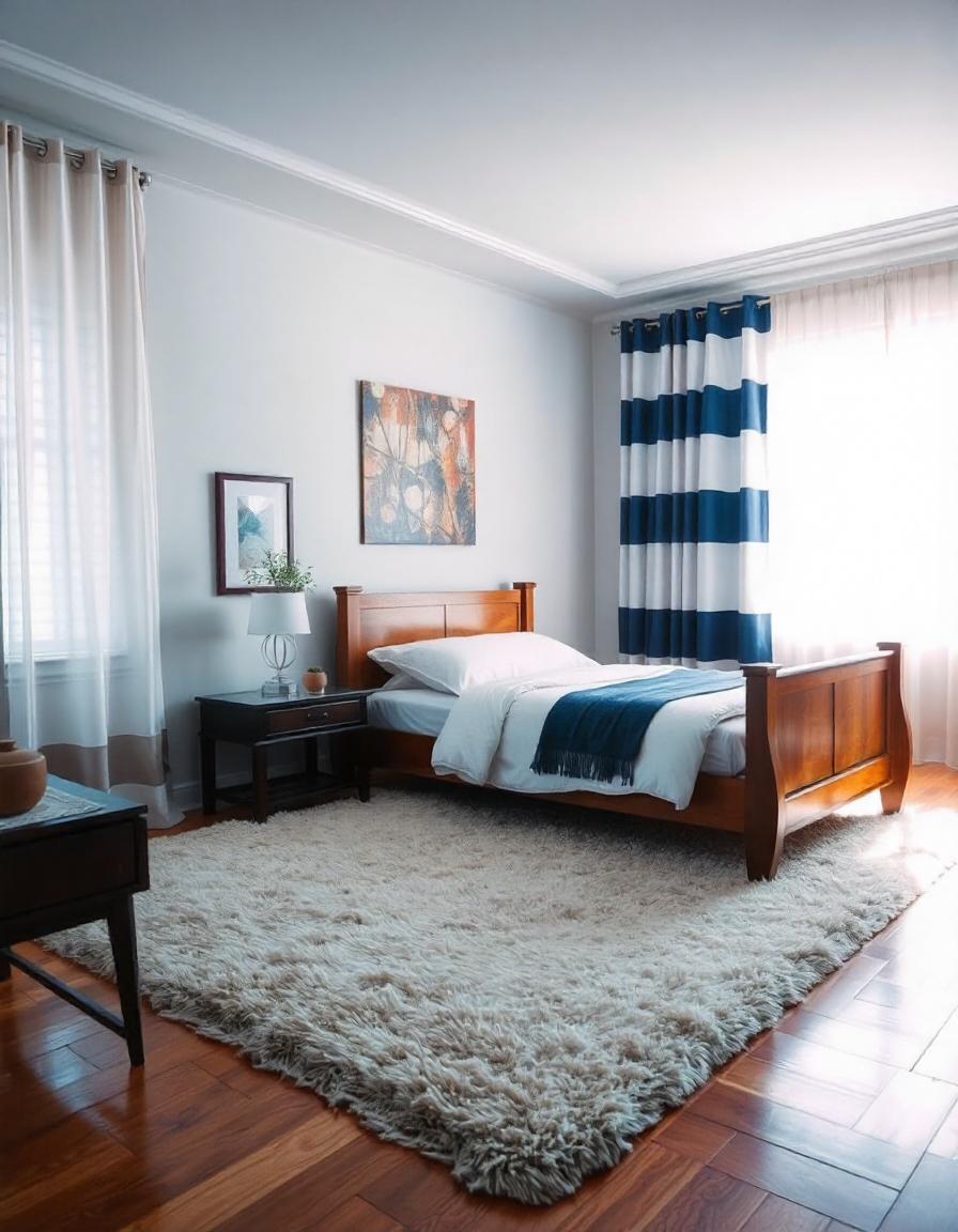 Navy and White stripes curtains in bedroom