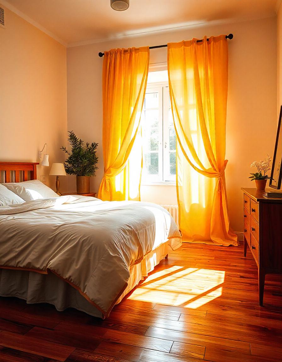 Sun-kissed yellow curtains in bedroom