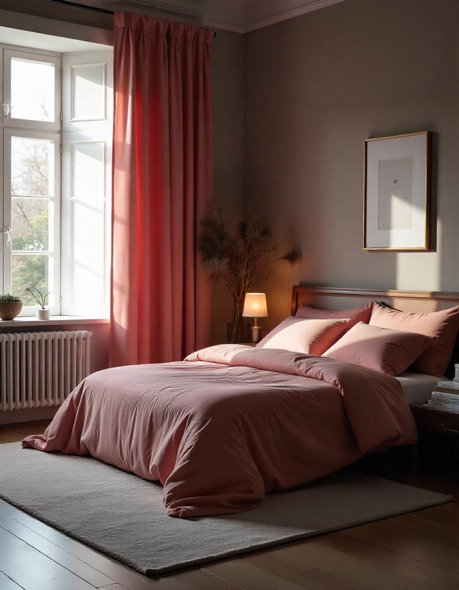 Muted Coral curtains in bedroom