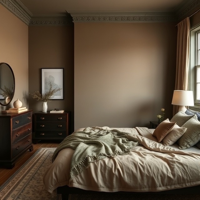 Dark khaki bedroom, bedroom color ideas, bedroom color ideas that will make you happier, best bedroom colors, best bedroom color ideas