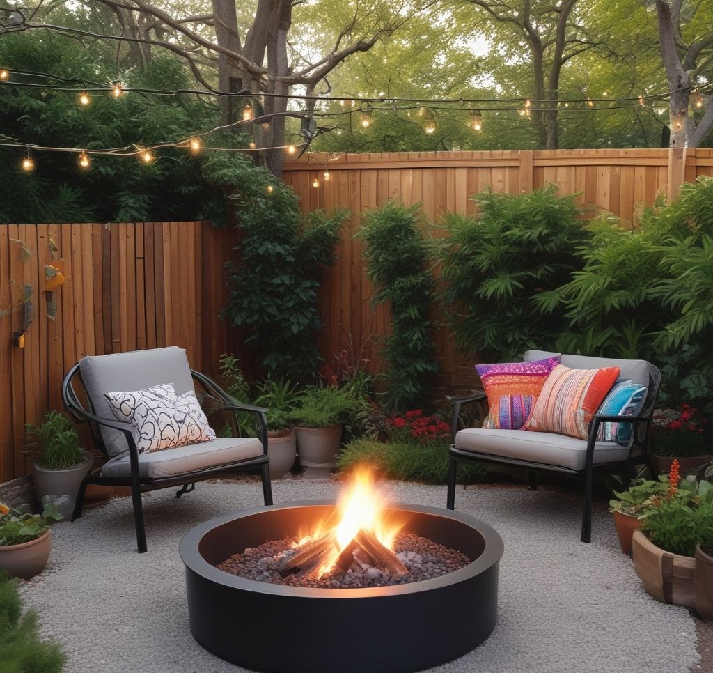 A cozy small backyard setting with a sleek, portable firepit in the center. The firepit is a modern metal bowl with a soft flame glowing. Surrounding it are two foldable chairs with colorful cushions. The area is bordered by potted plants, and string lights hang above, creating a warm, intimate atmosphere. The background features a small wooden fence.

