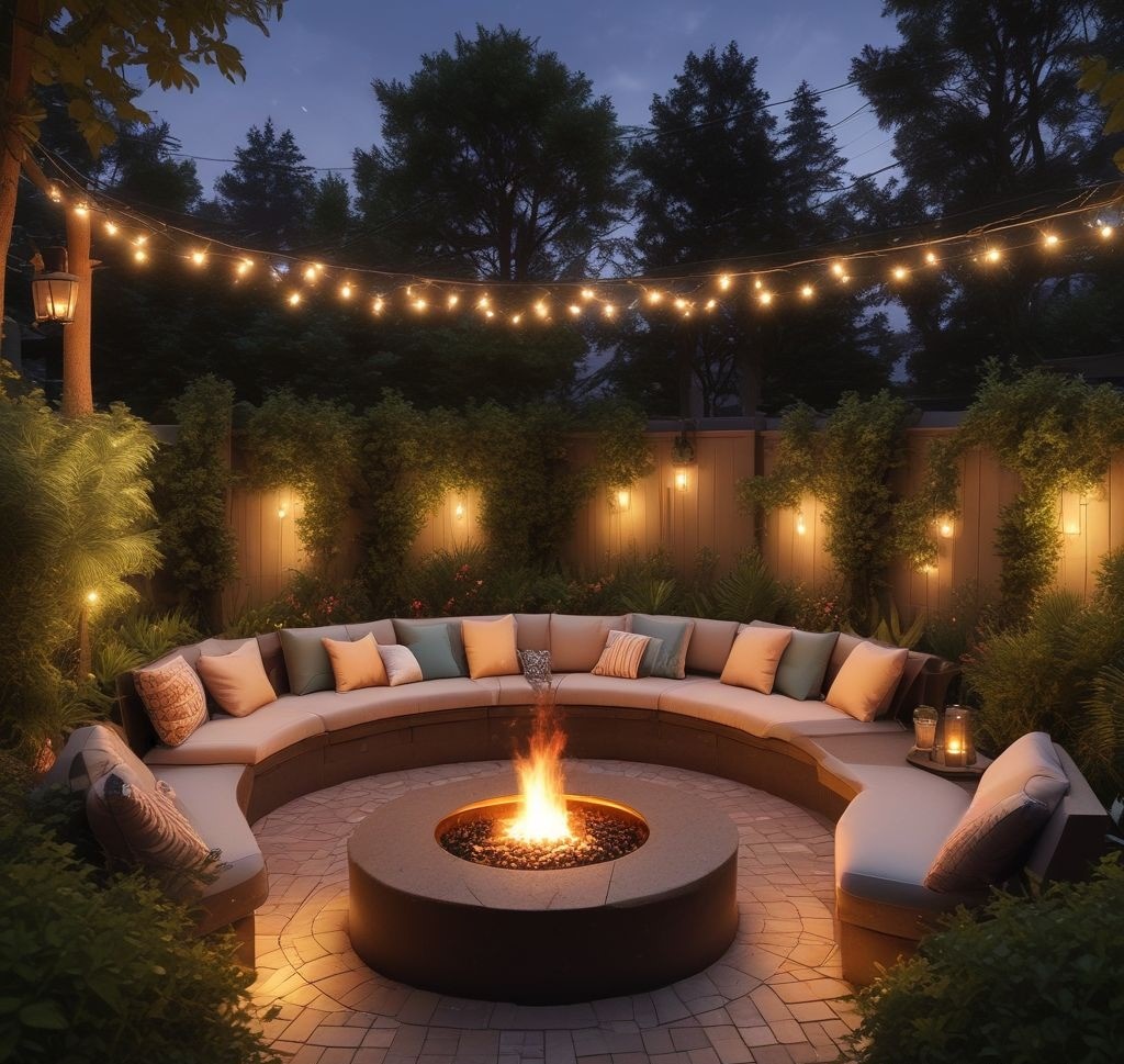 A luxurious backyard featuring a sunken firepit surrounded by cushioned built-in seating, with ambient string lights overhead and lush greenery framing the area.