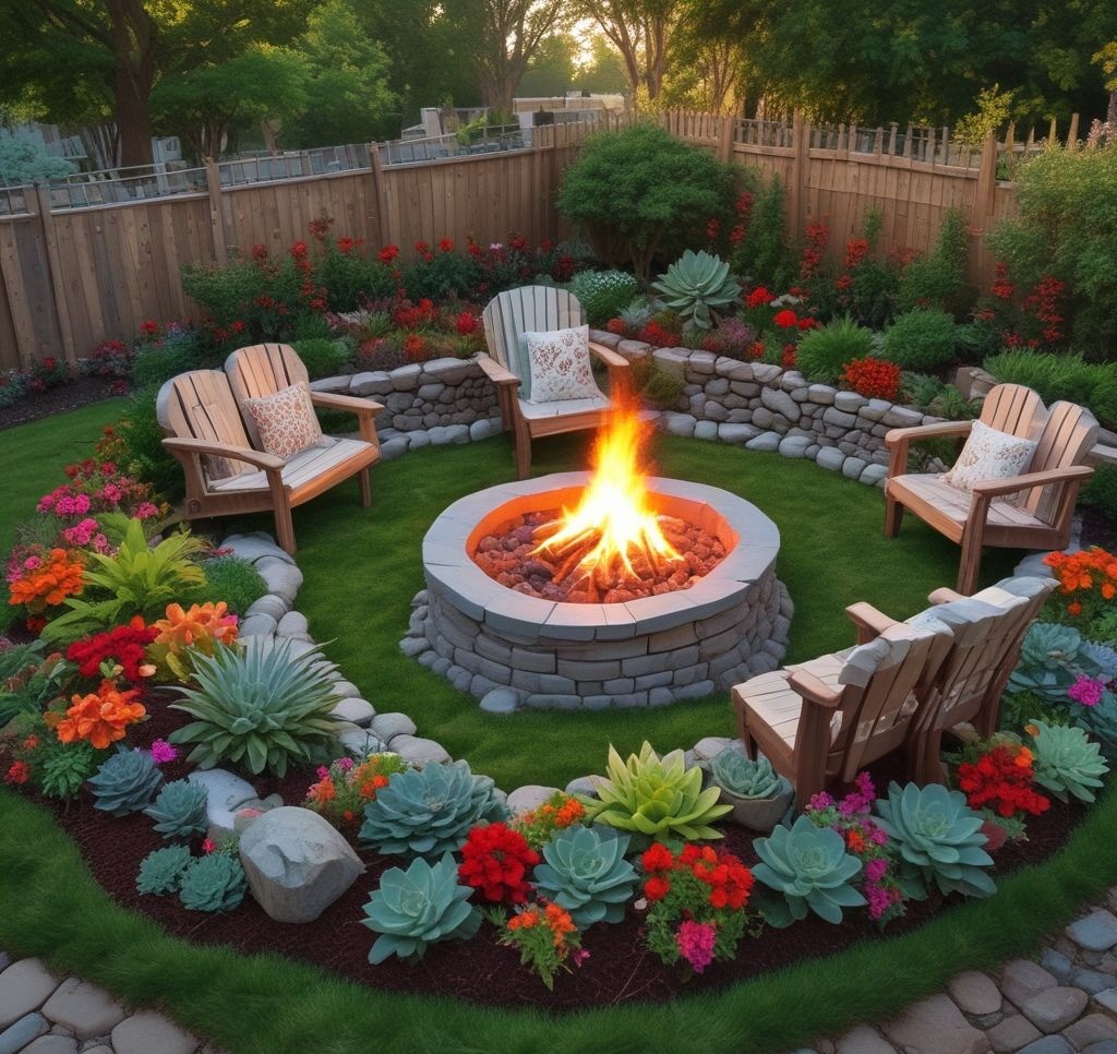 A concrete firepit with built-in planter compartments around the edges, filled with vibrant succulents and colorful flowers. The setup is placed in the center of a green lawn with wicker chairs and a small coffee table. The firepit is lit, and the plants contrast beautifully with the warm glow of the flames.