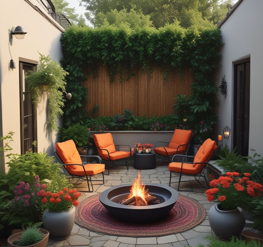 A firepit area surrounded by lush greenery in a small backyard. The firepit is a simple metal bowl with a glowing fire. Vertical garden planters and hanging pots filled with colorful flowers and trailing vines create a vibrant, natural vibe. A couple of rattan chairs and an outdoor rug add a cozy touch, with sunlight filtering through the greenery.