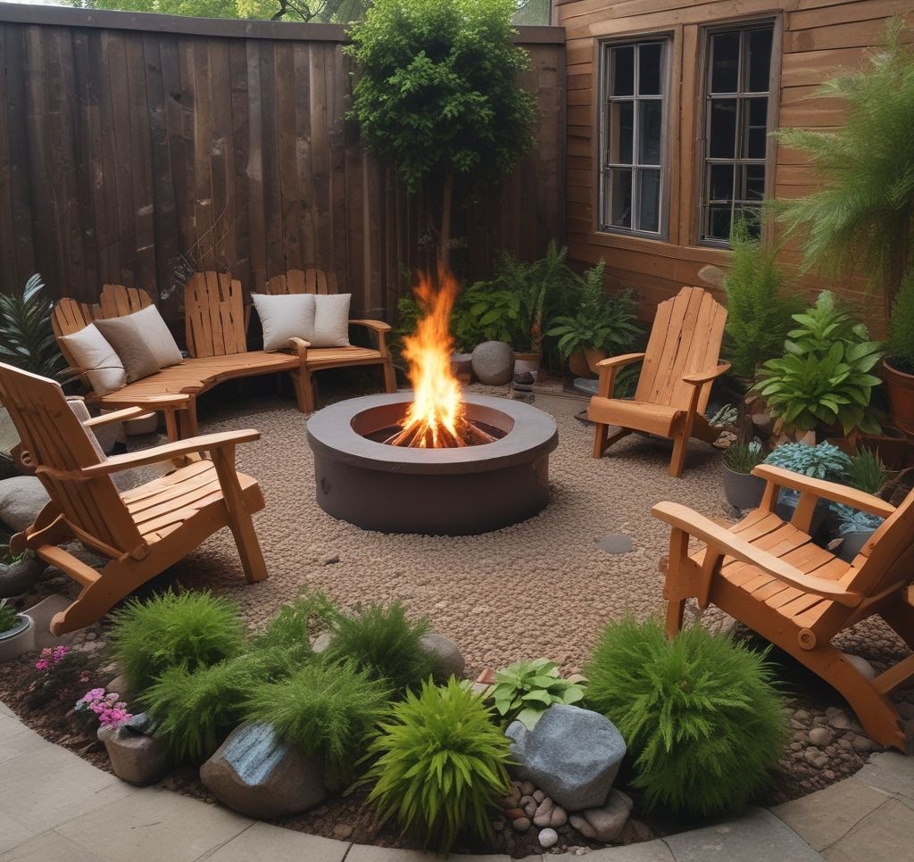 An eco-friendly firepit with bioethanol fuel, surrounded by recycled wooden furniture, lush potted plants, and eco-conscious décor elements.