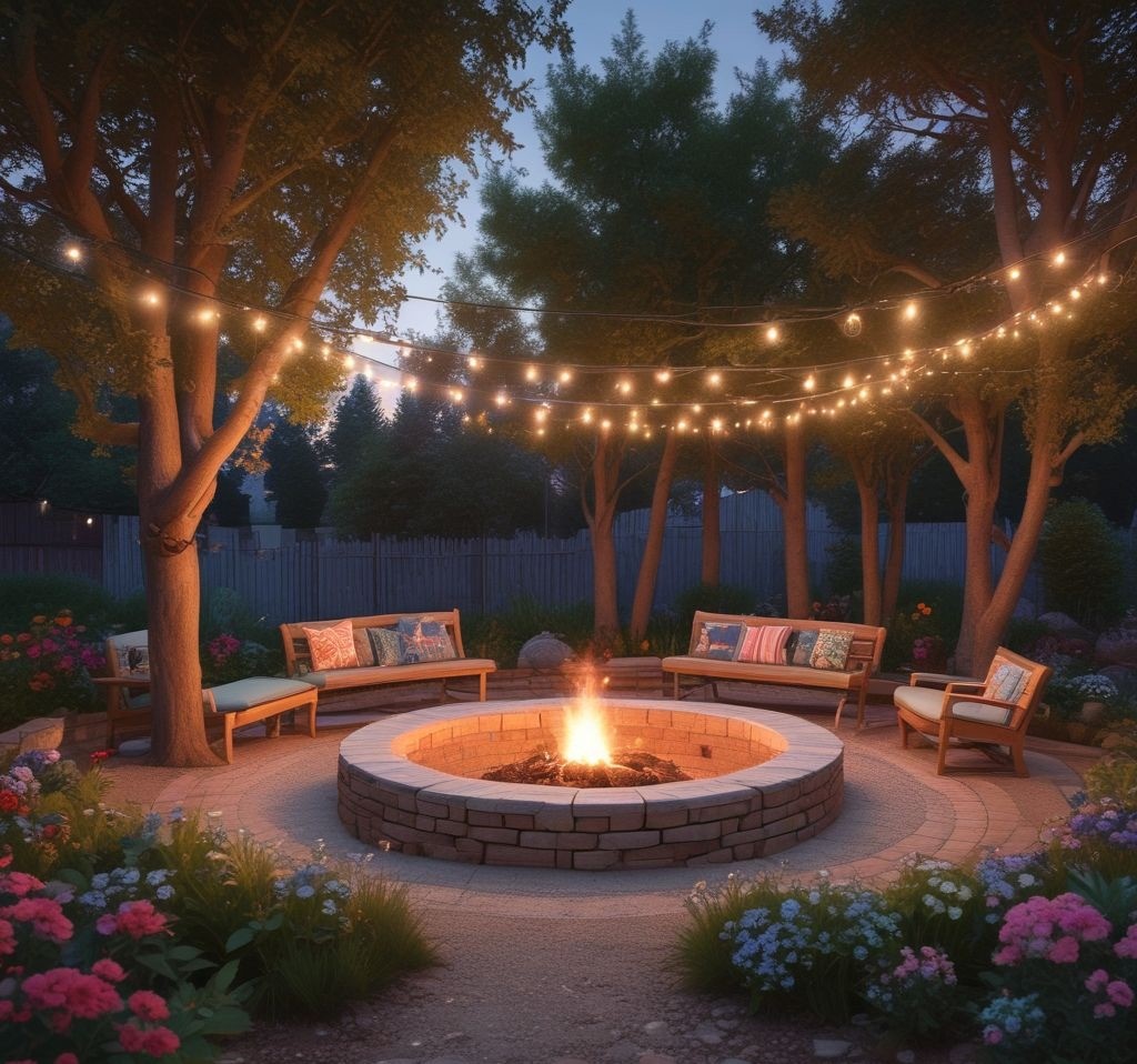 A circular brick firepit with a wide wooden bench encircling it. The bench is painted in a soft pastel shade and adorned with outdoor cushions in floral patterns. The firepit is surrounded by a gravel base, and the backdrop features tall trees and string lights draped overhead. Capture the scene at twilight for a warm, magical ambiance.