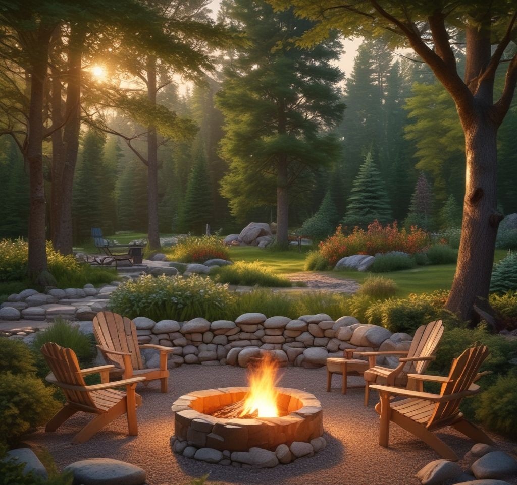 A serene backyard setting featuring a circular stone firepit with large, uneven stones arranged neatly. The firepit is surrounded by gravel, Adirondack chairs, and fairy lights strung between trees. The warm glow of the fire contrasts beautifully with the lush greenery in the background. Capture the scene during the golden hour to emphasize the warm, inviting atmosphere.