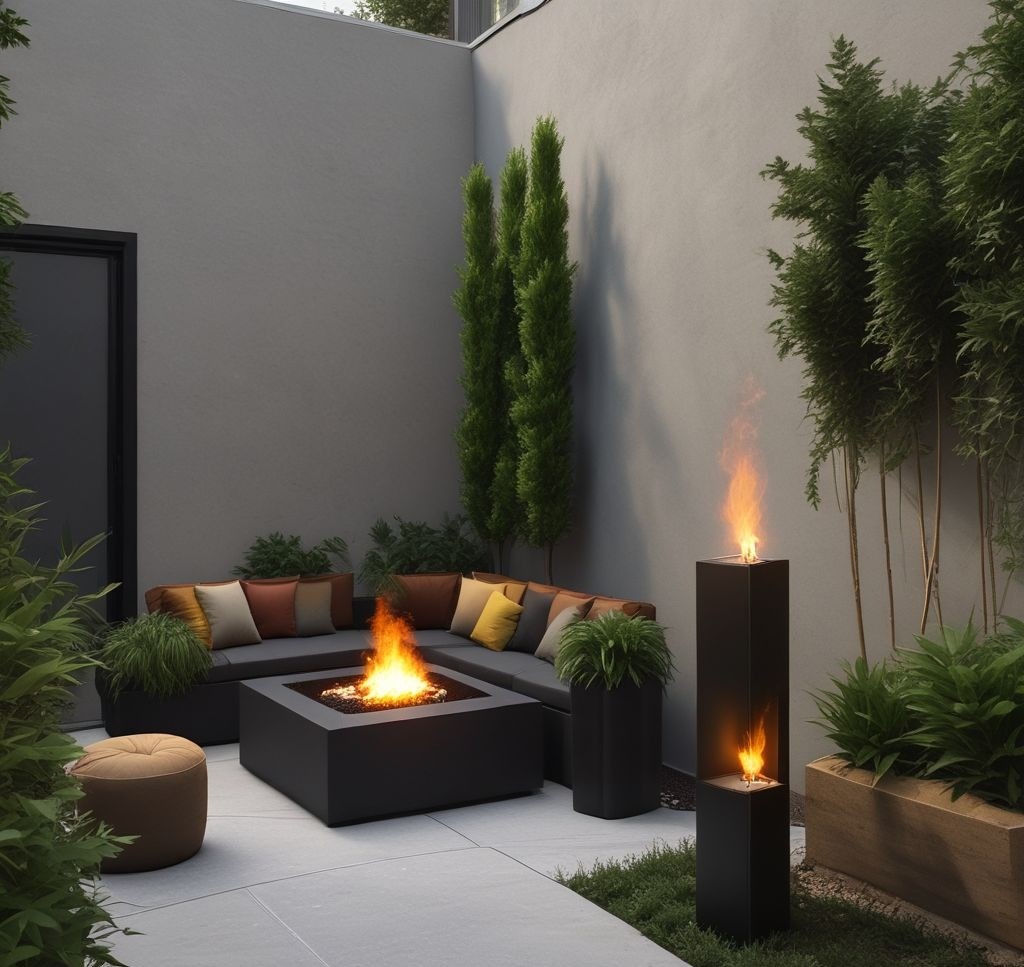 A slim, modern fire column placed in the corner of a compact backyard. The fire column is sleek black with a golden flame, surrounded by a minimalist seating area with two poufs and a small side table. Vertical garden planters are mounted on the nearby wall, filled with vibrant green plants, adding a natural touch.