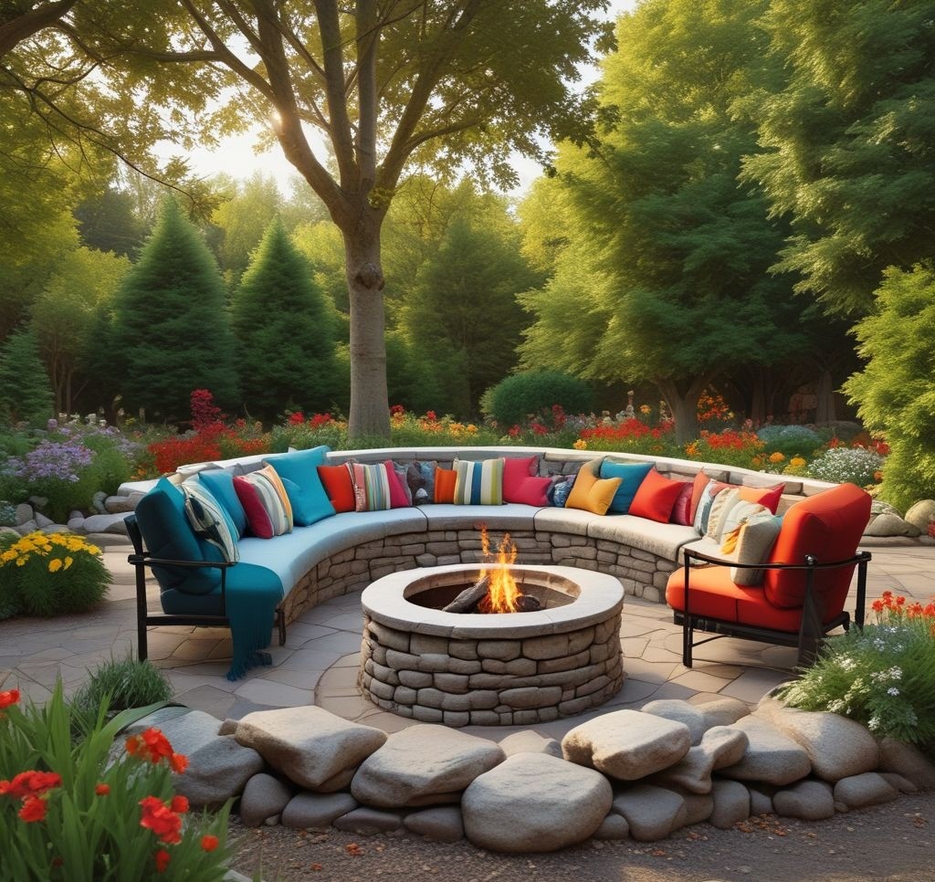 An elegant firepit setup with curved stone seating built around it, adorned with colorful outdoor cushions and blankets, set against a serene garden backdrop.