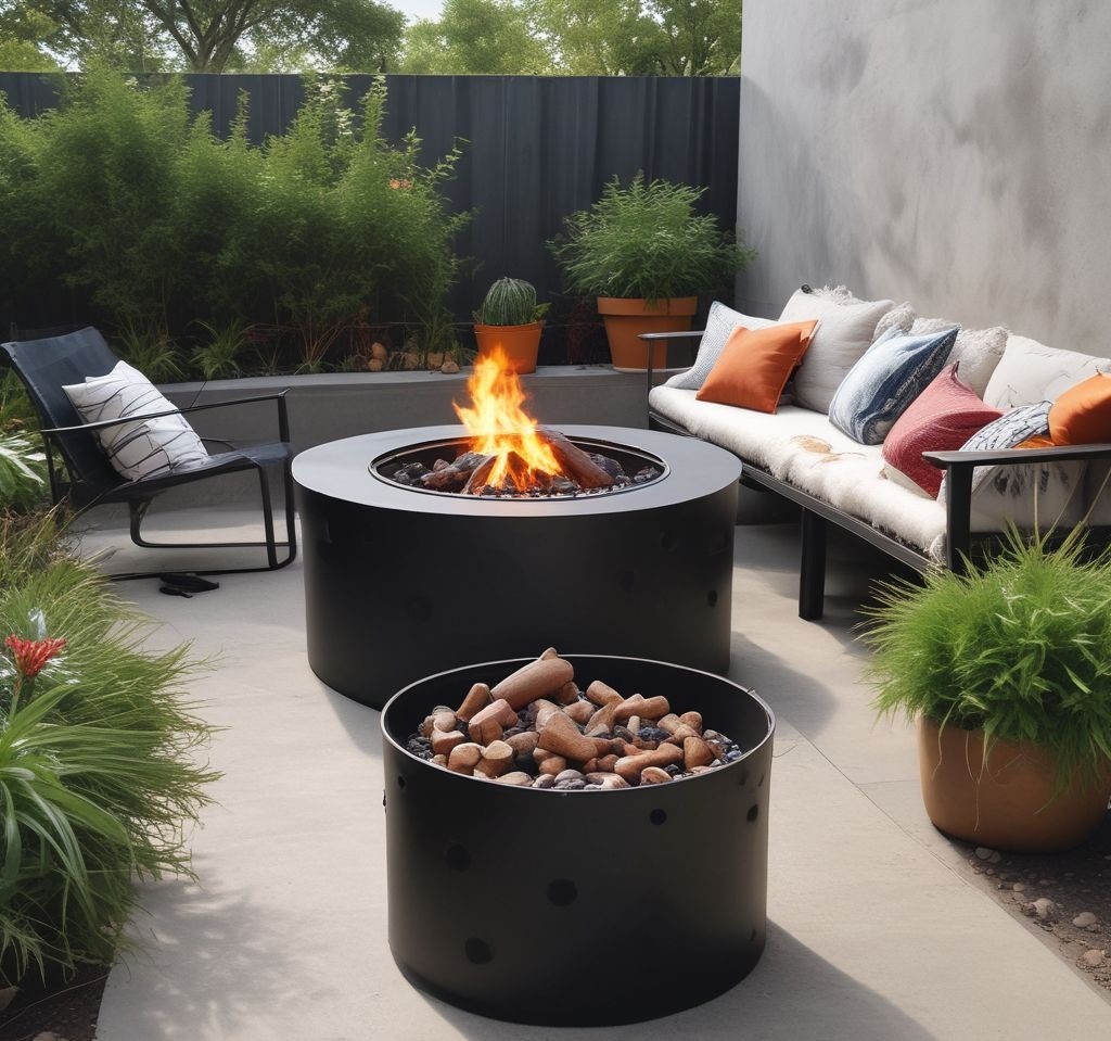 A repurposed metal firepit made from an old metal drum, set on a sleek concrete slab. The drum has a rustic, industrial vibe, with its exterior painted in matte black heat-resistant paint. Surround the firepit with modern outdoor furniture, soft cushions, and a cozy blanket draped over a chair. Add potted plants and string lights for extra charm.