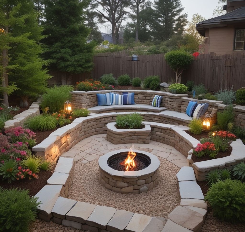 A built-in firepit integrated into a stone retaining wall. The firepit features clean, modern lines with soft flames. Around it, there’s built-in bench seating with plush cushions and throw blankets. Small potted succulents and a few lanterns add decorative elements, while the backdrop includes a cozy patio garden with colorful flowers.