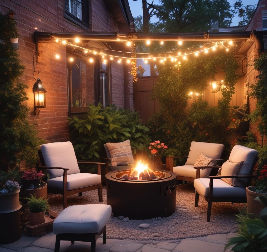 A compact portable firepit on a small patio, surrounded by cozy chairs, lanterns, and potted plants, perfect for an intimate gathering.