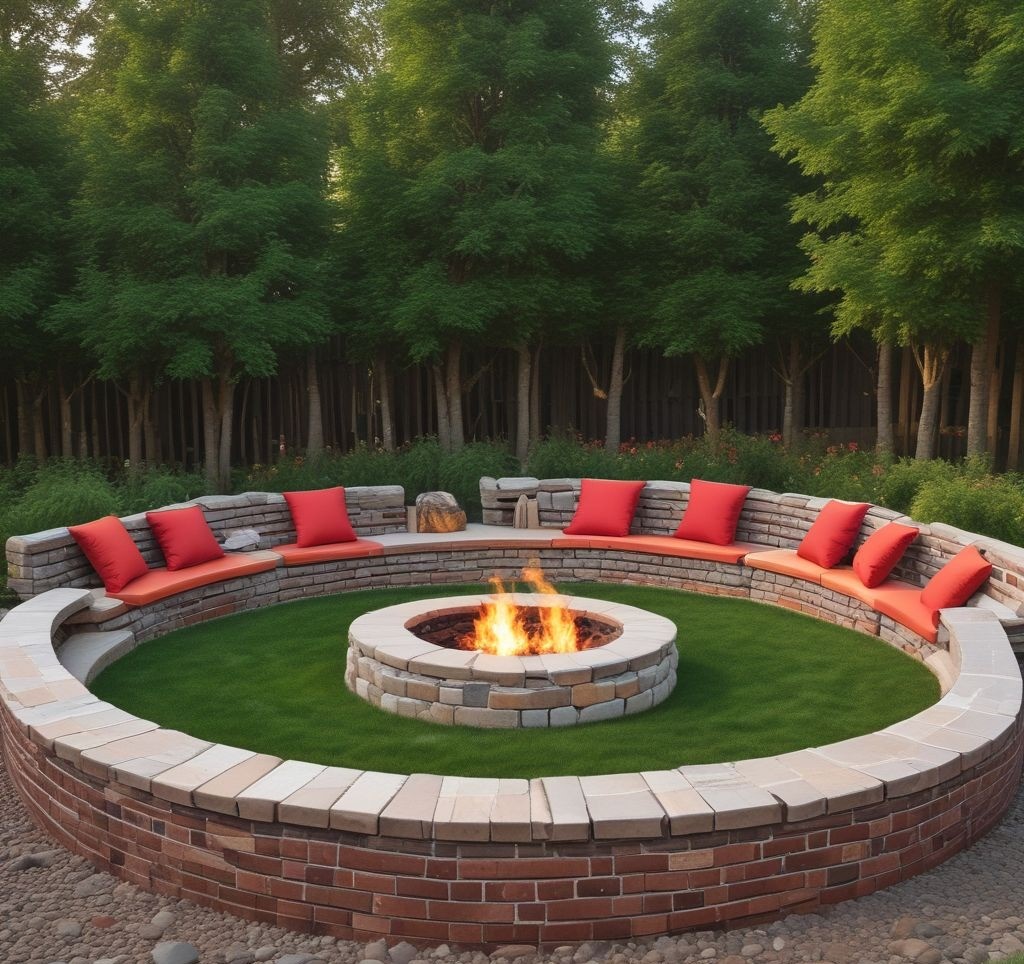 A polished backyard setup showcasing a round brick-lined firepit with red fire bricks arranged symmetrically. The area is bordered by a lush green lawn and surrounded by built-in wooden benches with colorful cushions. The firepit has a layer of gravel inside, with a few logs burning brightly. Soft ambient lighting enhances the cozy evening vibe.