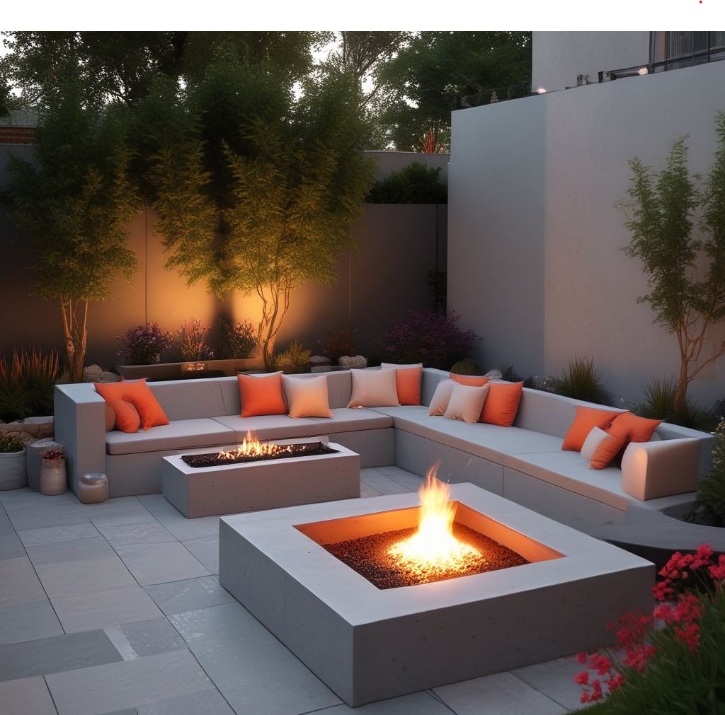 A square concrete firepit placed in a small patio area. The firepit has a minimalist design with glowing embers. It’s surrounded by a sectional outdoor sofa with neutral-colored cushions, and the patio floor features geometric tiles. A couple of small planters with bright flowers frame the scene, giving it a cozy yet stylish vibe.