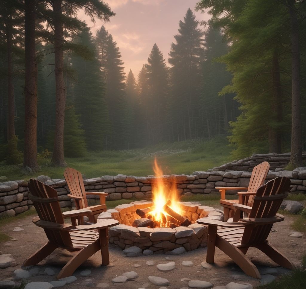 A rustic outdoor firepit crafted from natural stones, surrounded by wooden Adirondack chairs, with a wooded area in the background and a glowing fire.