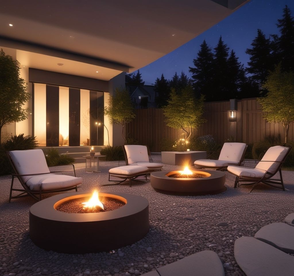 An elegant in-ground firepit in a minimalist backyard. The firepit is bordered by smooth fireproof bricks and surrounded by decorative white pebbles. The seating area features low-profile chairs and small side tables, with lanterns and soft outdoor lighting creating a tranquil nighttime ambiance. Capture the setting under a clear starry sky.
