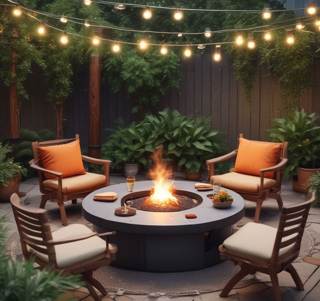 A round firepit table made of polished wood and metal, doubling as a dining table. The table has a small flame in the center, with plates, glasses, and snacks arranged around it. Surrounding it are compact wooden chairs with matching cushions. The background features string lights and hanging plants, creating a lively and inviting ambiance.