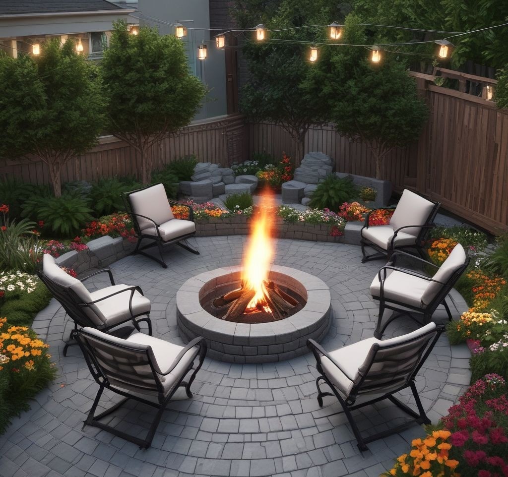 A simple firepit area with gray pavers arranged in a circular pattern. In the center is a small, metal firepit with a glowing flame. Two foldable chairs with bright patterned cushions are placed nearby. Overhead, string lights create a cozy ambiance, and a small garden border with colorful flowers frames the scene.