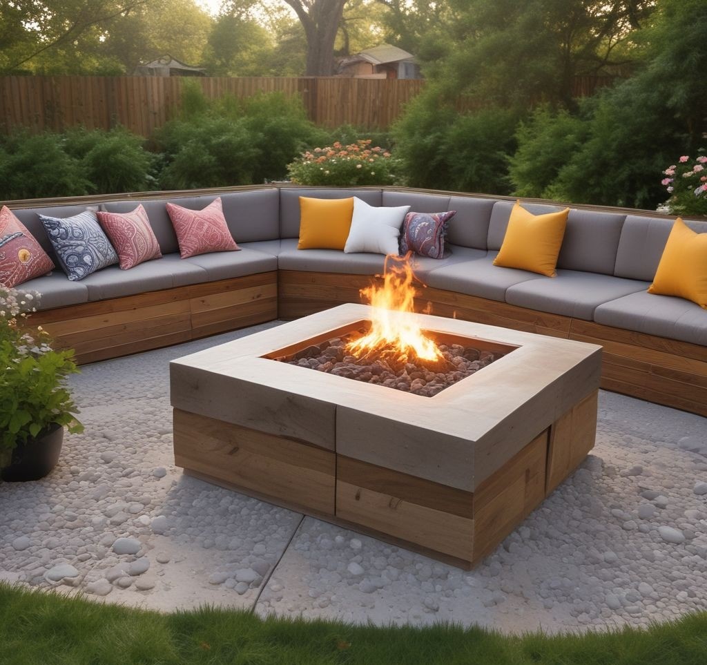 A stylish DIY fire table made of reclaimed wood with a sleek metal fire bowl inset into the center. The table is surrounded by contemporary outdoor seating, including a sectional sofa with weather-resistant cushions. A few candles and a small vase with fresh spring flowers sit on the table corners, creating a cozy and modern outdoor gathering space.