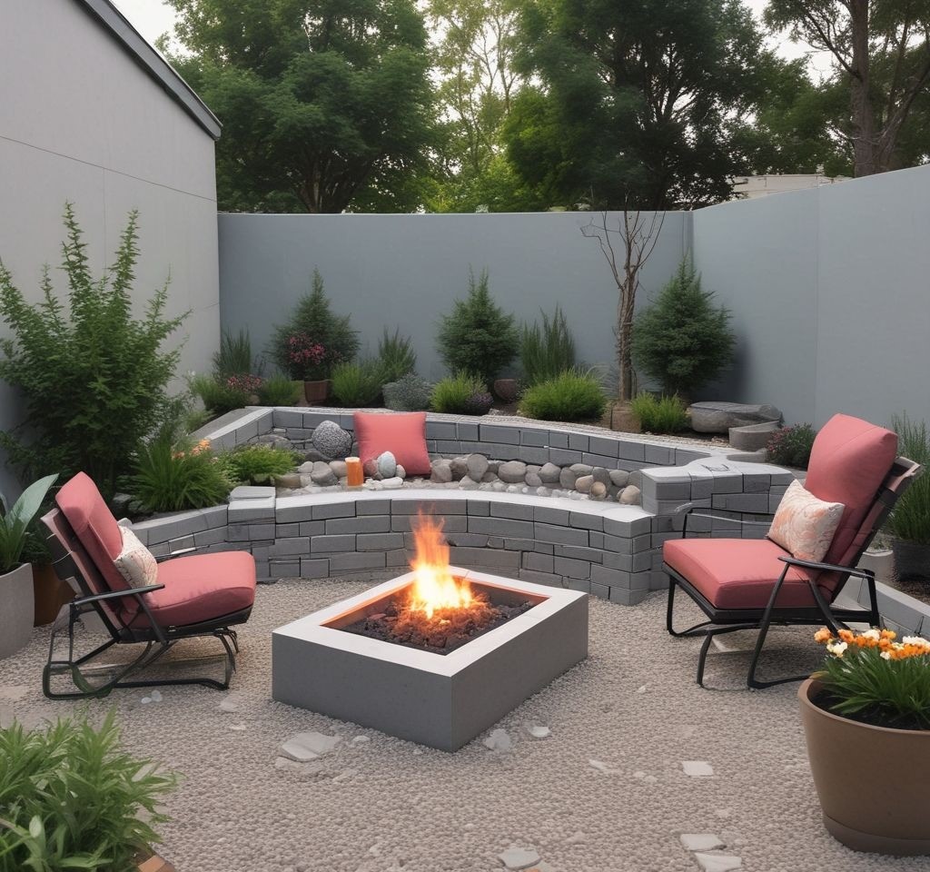 A DIY cinder block firepit with a square design, painted in a soft gray tone. Inside, there’s a small fire burning, surrounded by crushed gravel for a finished look. The setup includes a couple of outdoor chairs with vibrant cushions and a small side table holding drinks. Nearby, there are a few potted plants and a rustic wooden backdrop.