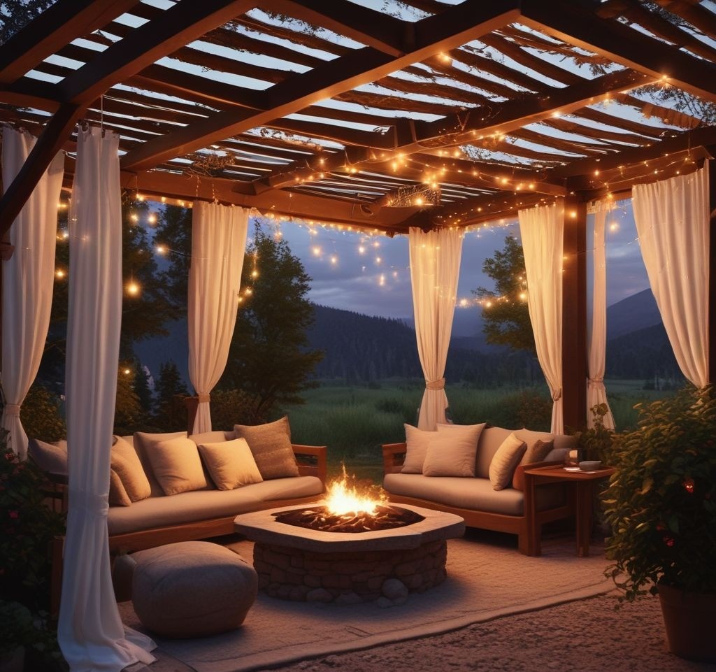 A cozy firepit under a wooden pergola draped with flowing curtains and adorned with string lights, creating a magical evening atmosphere.