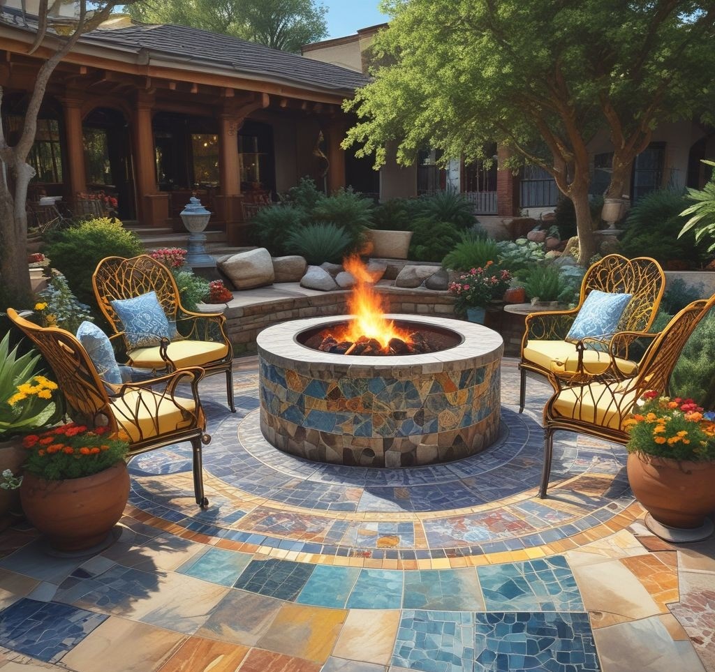 A colorful mosaic-tiled firepit with intricate patterns in shades of blue, yellow, and white. The firepit is placed on a stone patio, surrounded by eclectic outdoor furniture like wicker chairs and a patterned outdoor rug. Potted succulents and lanterns add to the vibrant, artistic vibe of the space. Capture the image during the daytime for vivid colors.