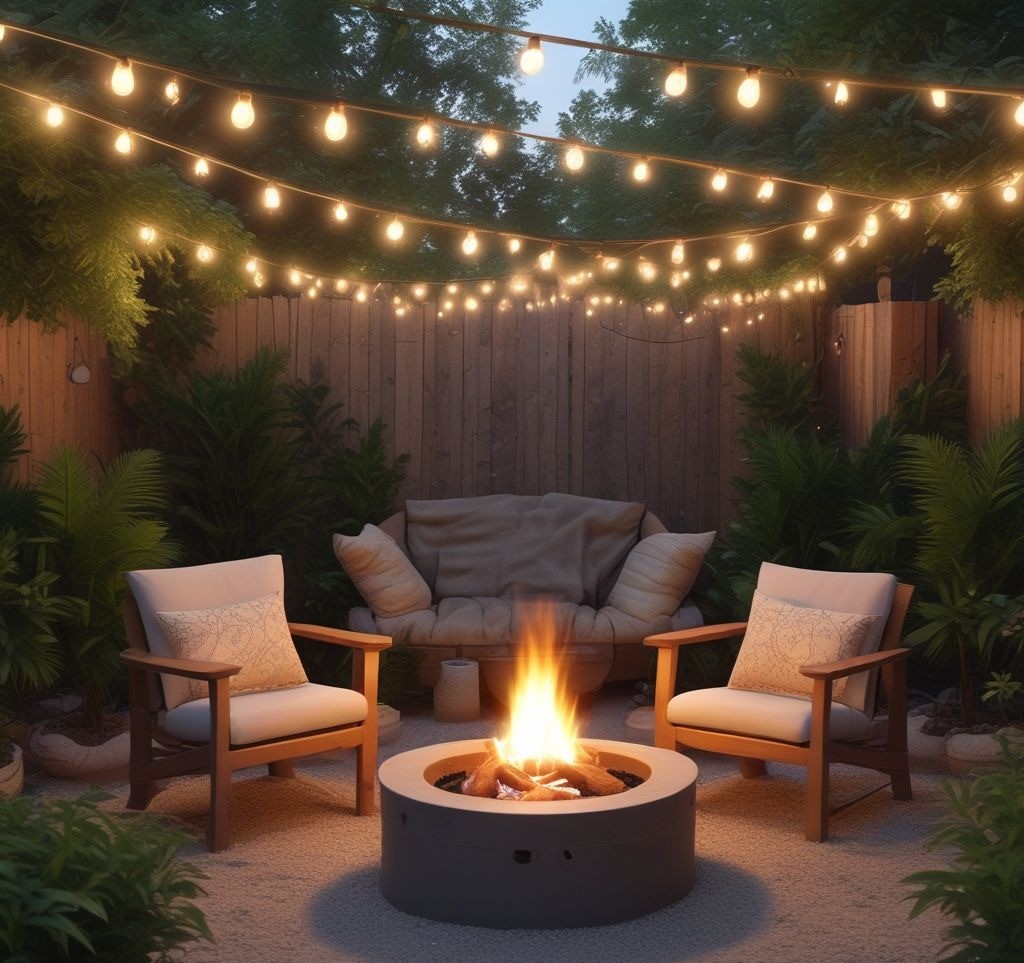 A small firepit surrounded by foldable wooden chairs and a collapsible side table. The scene includes neutral cushions on the chairs, with a lightweight, portable firepit in the center. The setting is adorned with small lanterns, a cozy outdoor rug, and a string of fairy lights overhead. The background has minimal greenery for a simple, functional look.