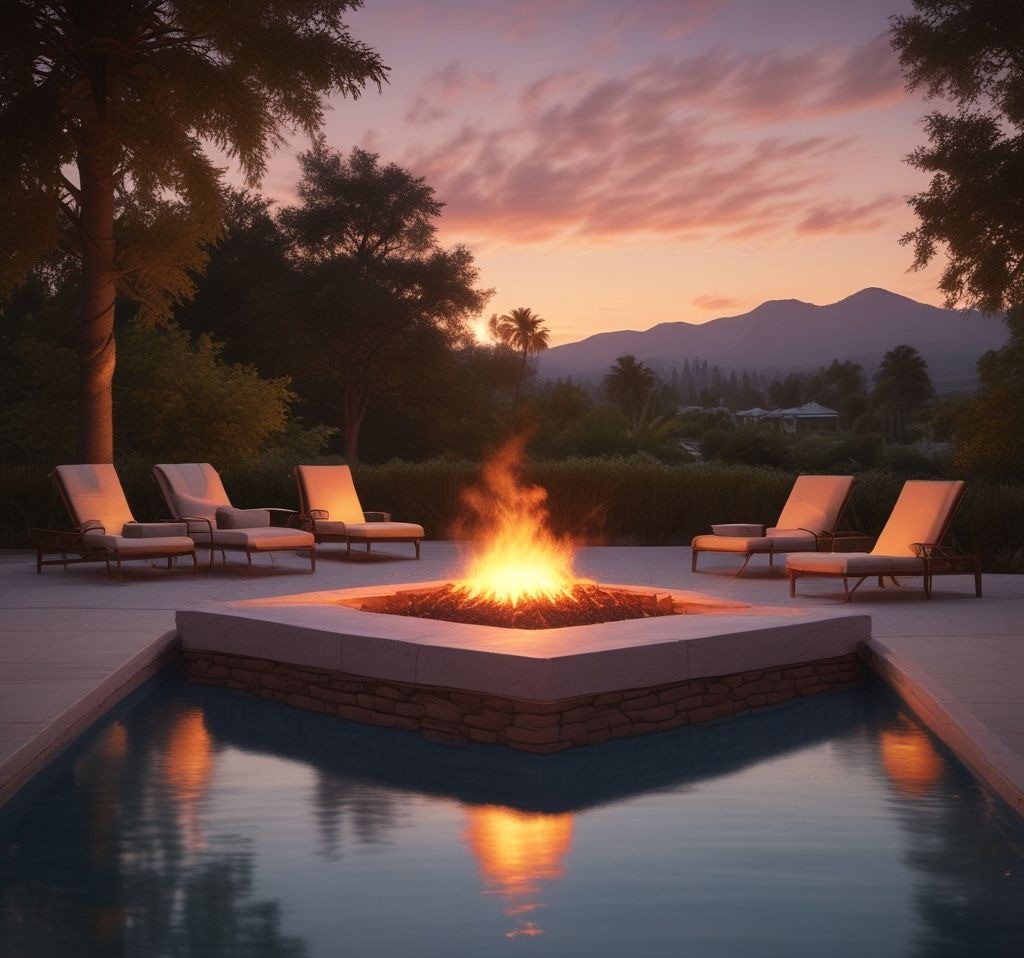 A chic poolside firepit surrounded by lounge chairs and side tables, reflecting the soft glow of the fire in the calm water of the pool.