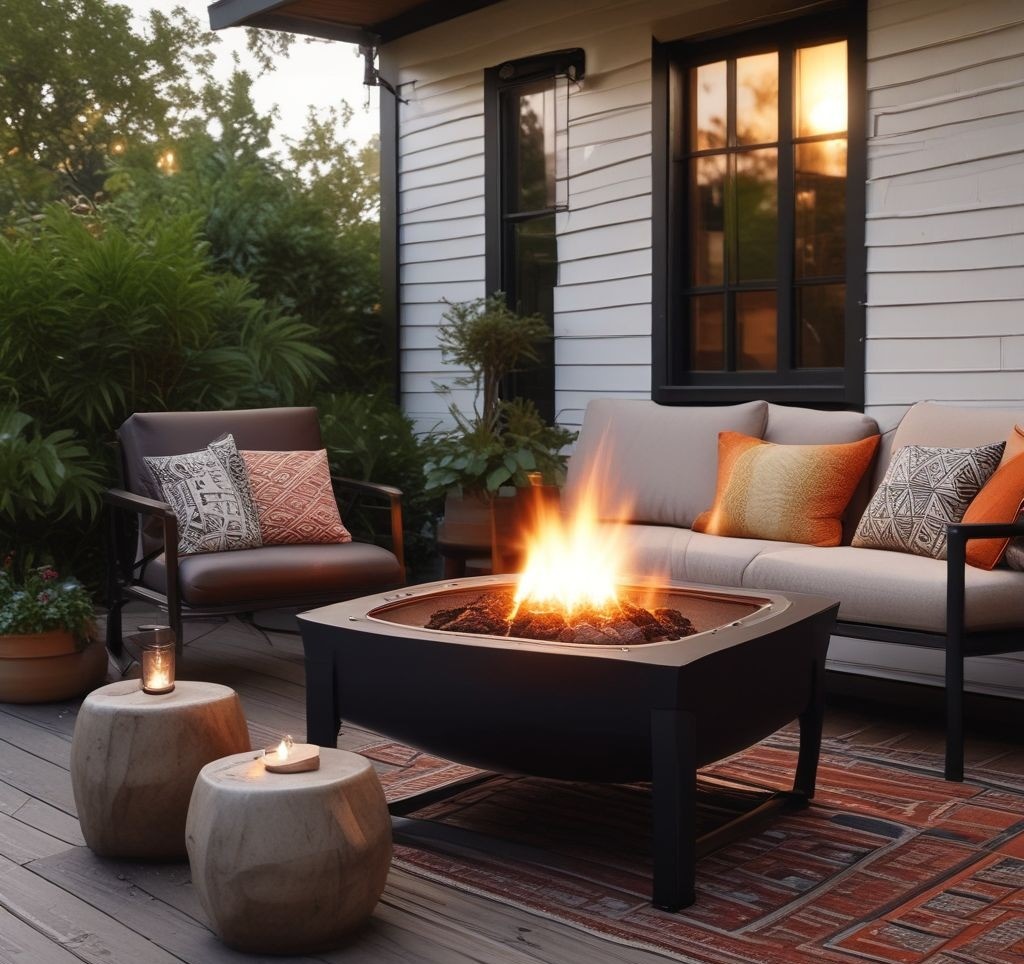A sleek, portable firepit on sturdy black wheels, featuring a deep metal bowl with a geometric design. The firepit is set on a wooden deck surrounded by foldable chairs and blankets. Small potted plants and a string of Edison bulbs create a cozy, flexible setup that can be moved around easily. The scene is captured in soft evening light.