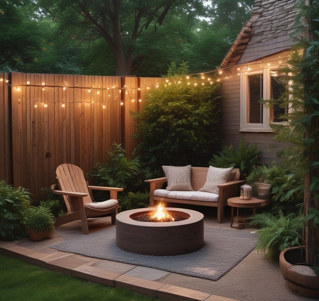 A small backyard corner transformed into a firepit nook. The area includes a compact firepit, an outdoor rug, and two Adirondack chairs with soft throw blankets. The space is bordered by lush greenery and twinkling string lights. A side table with a warm beverage completes the intimate, cozy atmosphere.