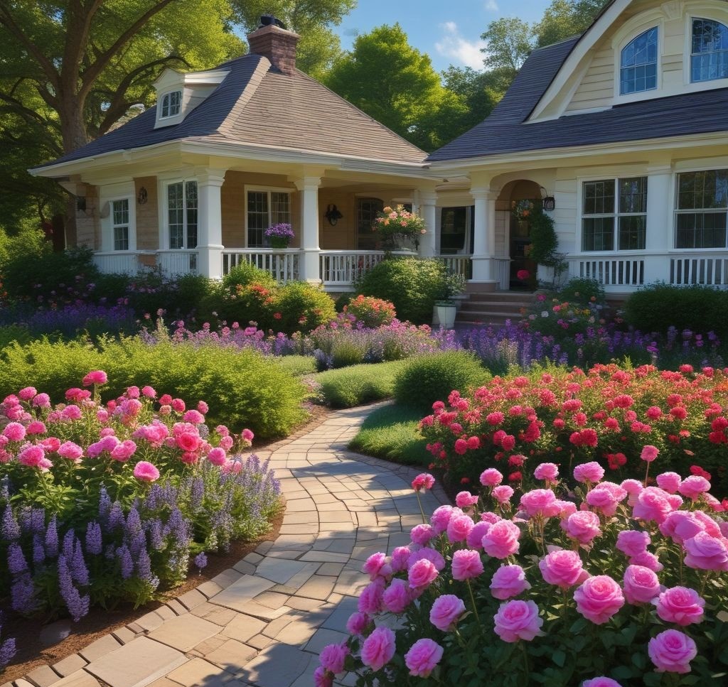 A beautifully landscaped front yard featuring two identical flower beds symmetrically framing a stone walkway leading to a charming house. The beds are filled with vibrant roses, lavender, and neatly trimmed boxwood hedges. Sunlight gently casts soft shadows, enhancing the formal and elegant look.

