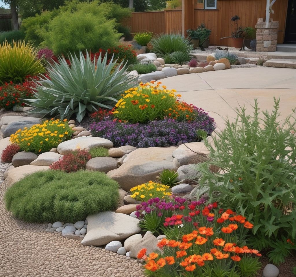 A unique and stylish front yard featuring a rock garden flower bed with a mix of colorful succulents, drought-resistant flowers like black-eyed Susans, and decorative pebbles. The design incorporates natural stone pathways and a Zen-like aesthetic, perfect for a modern yet low-maintenance landscape.


