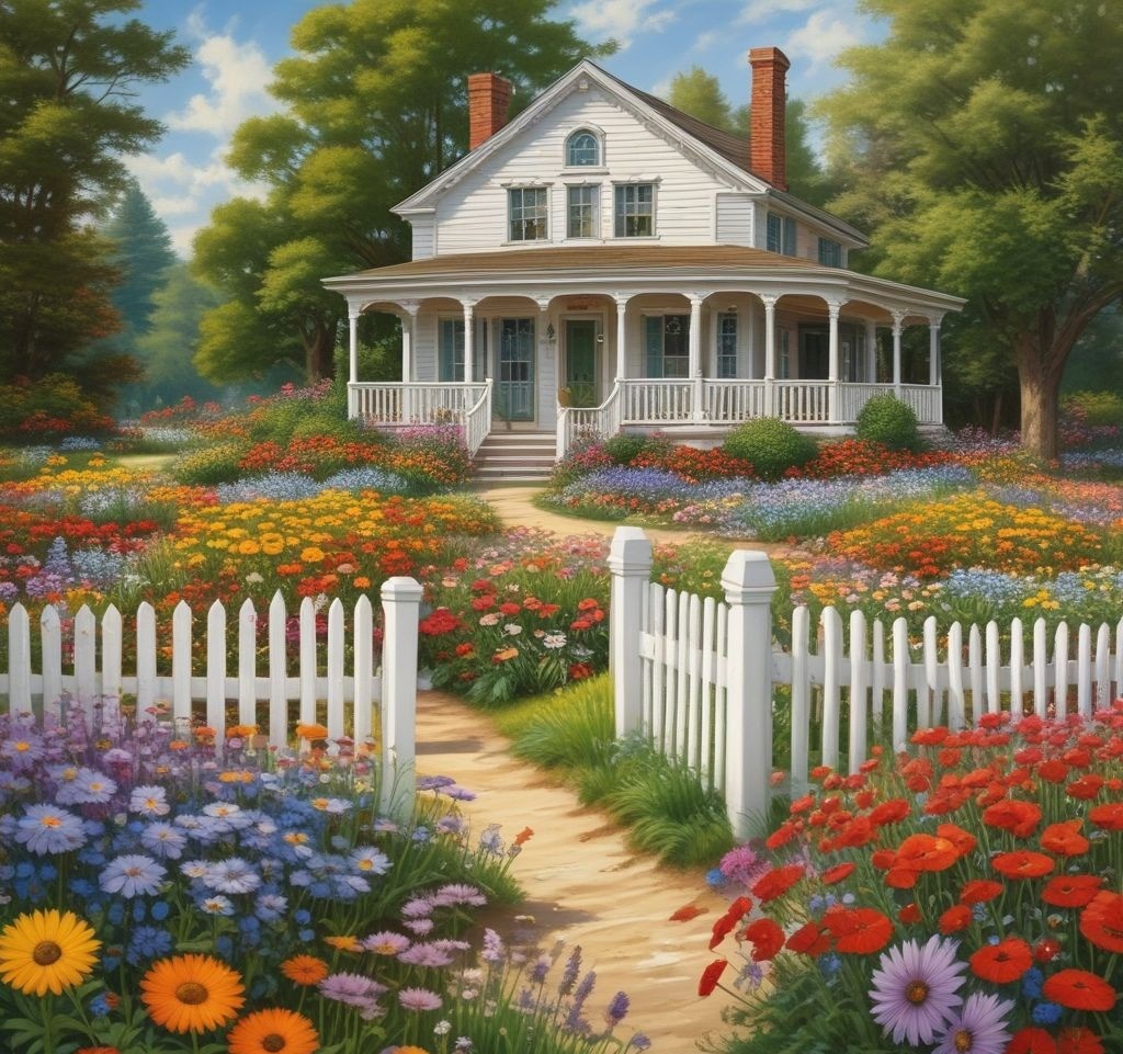 A lush, whimsical cottage-style flower bed overflowing with colorful wildflowers like daisies, coneflowers, and poppies. A white picket fence surrounds the garden, and butterflies and bees hover over the blossoms. A cozy house with a wooden porch is visible in the background, bathed in warm spring sunlight.