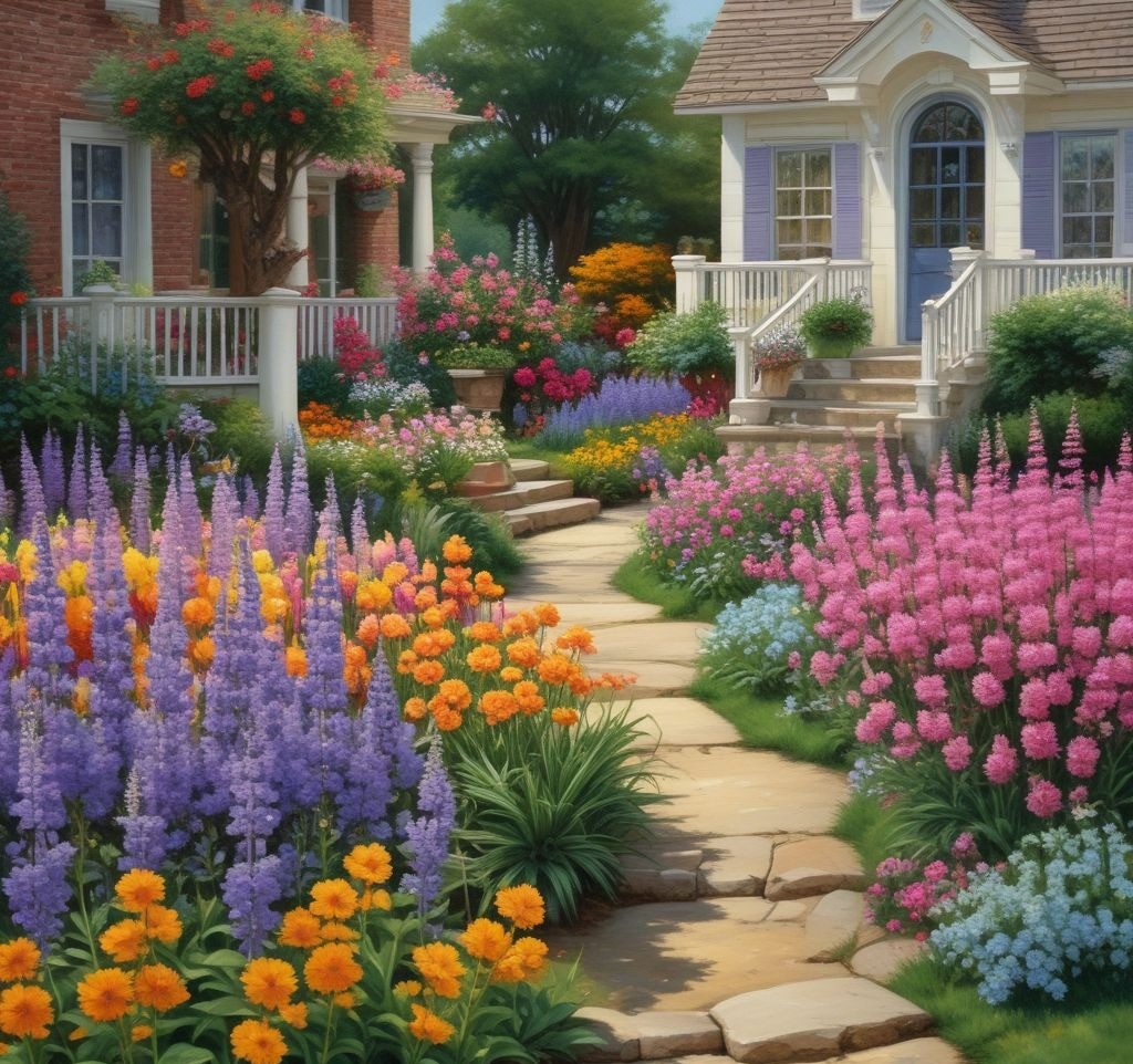 A picturesque front yard with a tiered flower bed arranged in layers. Tall purple delphiniums and pink foxgloves stand in the back, medium-sized marigolds and snapdragons in the middle, and low-growing petunias and alyssum in the front. A charming pathway winds through the vibrant blooms.