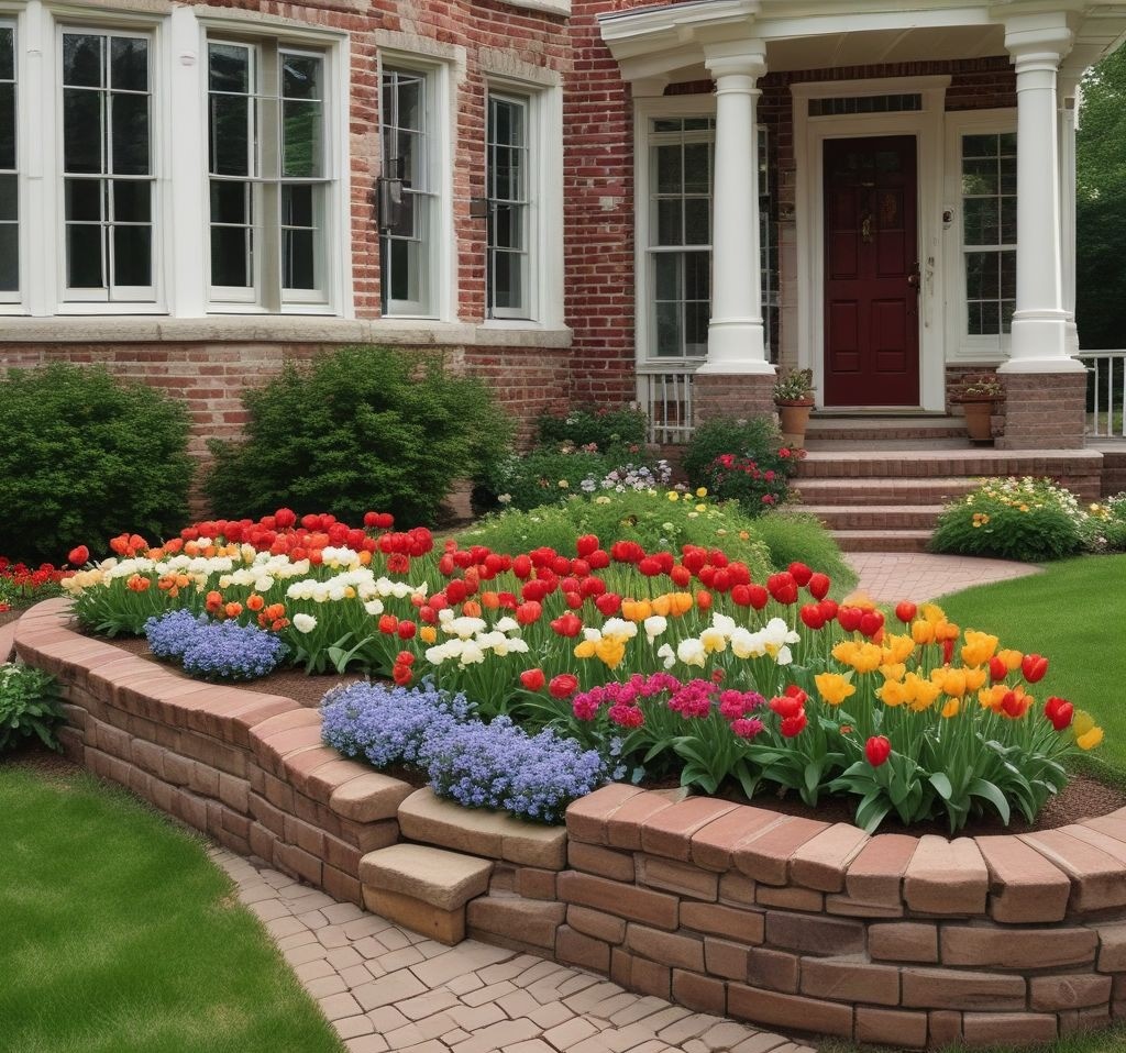 A beautifully structured raised flower bed made of rustic red bricks, filled with blooming tulips, daffodils, and hydrangeas. The front yard has neatly manicured grass, and a stone pathway leads up to a welcoming front porch with a cozy seating area.