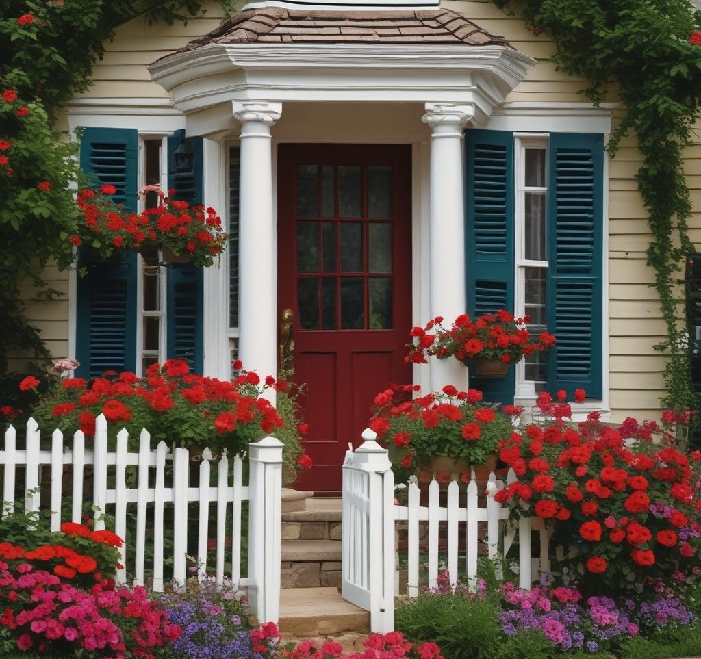  A charming cottage-style home with window box flower beds overflowing with cascading petunias, ivy, and bright red geraniums. The shutters and trim complement the vibrant flowers, creating a picturesque, inviting curb appeal.