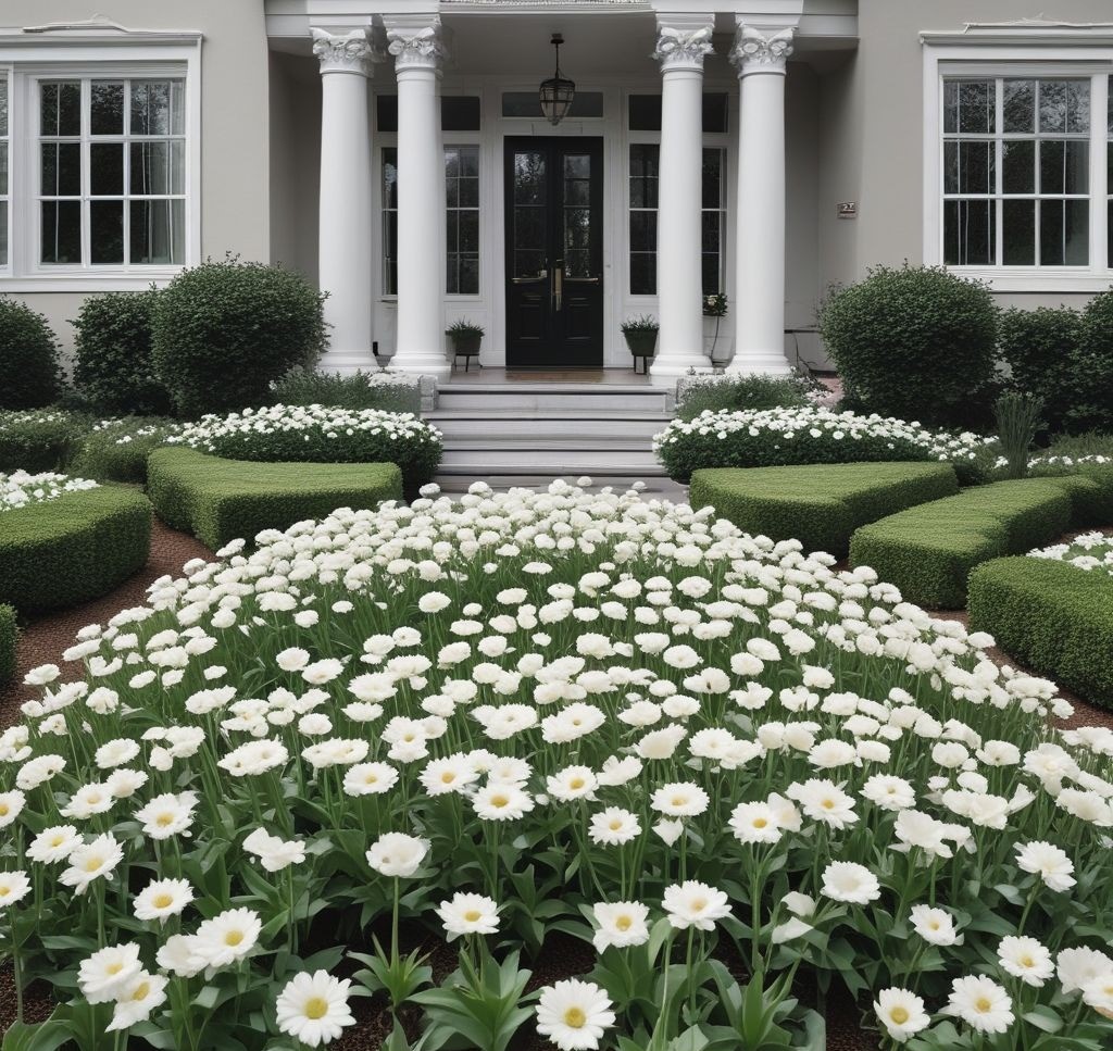 A stunning monochrome-themed flower bed featuring an elegant all-white garden with white daisies, roses, and tulips arranged in a layered, symmetrical design. The soft, muted green foliage enhances the purity and sophistication of the look, with a stylish modern home in the background.

