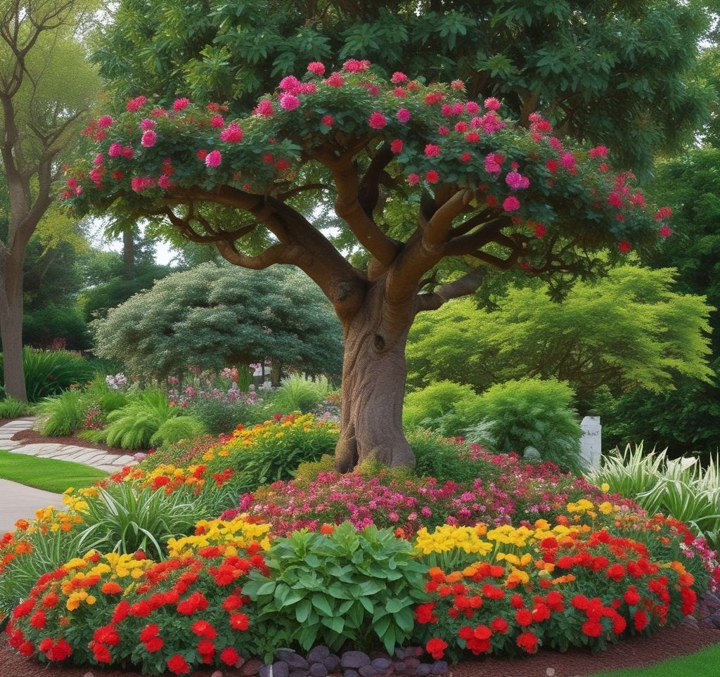 A creatively designed curved flower bed wrapping around a mature tree in a lush front yard. The bed is filled with colorful begonias, lilies, and ornamental grasses, edged with natural stone borders. The garden seamlessly blends into the landscape, creating an organic and inviting feel.

