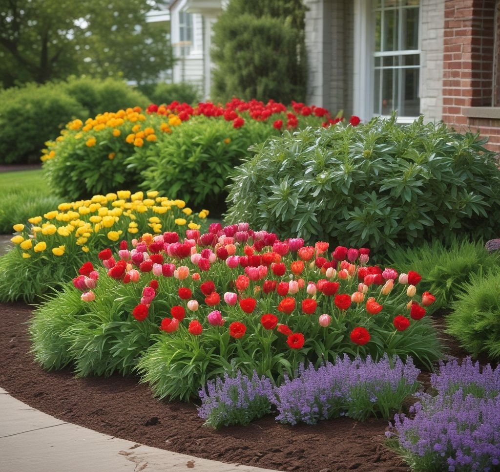 A front yard flower bed featuring a mix of neatly trimmed evergreen shrubs, vibrant seasonal flowers like tulips and chrysanthemums, and a layer of decorative mulch. The garden is designed for low maintenance while maintaining year-round beauty and visual interest.