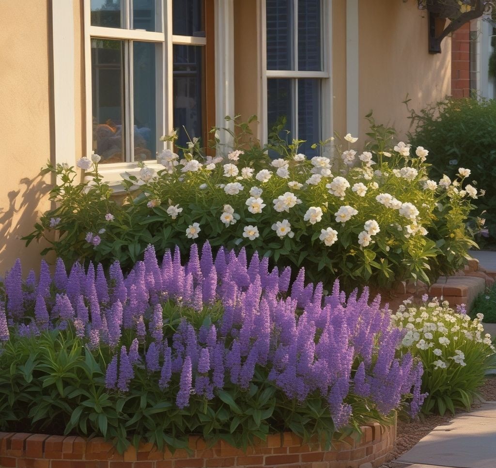 A front yard flower bed overflowing with fragrant flowers like lavender, jasmine, and gardenias. A gentle breeze carries the floral scent through an open window of a cozy home. The scene is bathed in golden sunset light, enhancing the warm and inviting atmosphere.