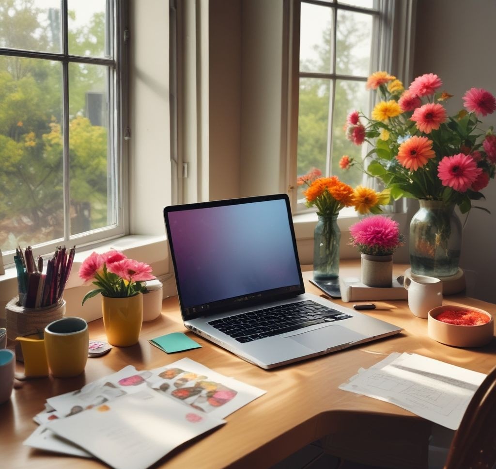 A bright and cozy modern office desk with a cork bulletin board decorated with vibrant floral cutouts, soft pastel sticky notes, and small Polaroid pictures. A cup of coffee and a notebook sit nearby, with sunlight streaming through a window, creating a warm and inviting work atmosphere.