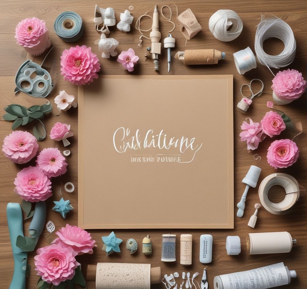 A beautifully arranged flat lay of DIY crafting materials on a wooden table, featuring a cork bulletin board, artificial flowers in soft pastel colors, a hot glue gun, floral wire, scissors, push pins, decorative ribbon, and aesthetic printable quotes. The lighting is warm and inviting, creating a cozy and inspiring DIY workspace.