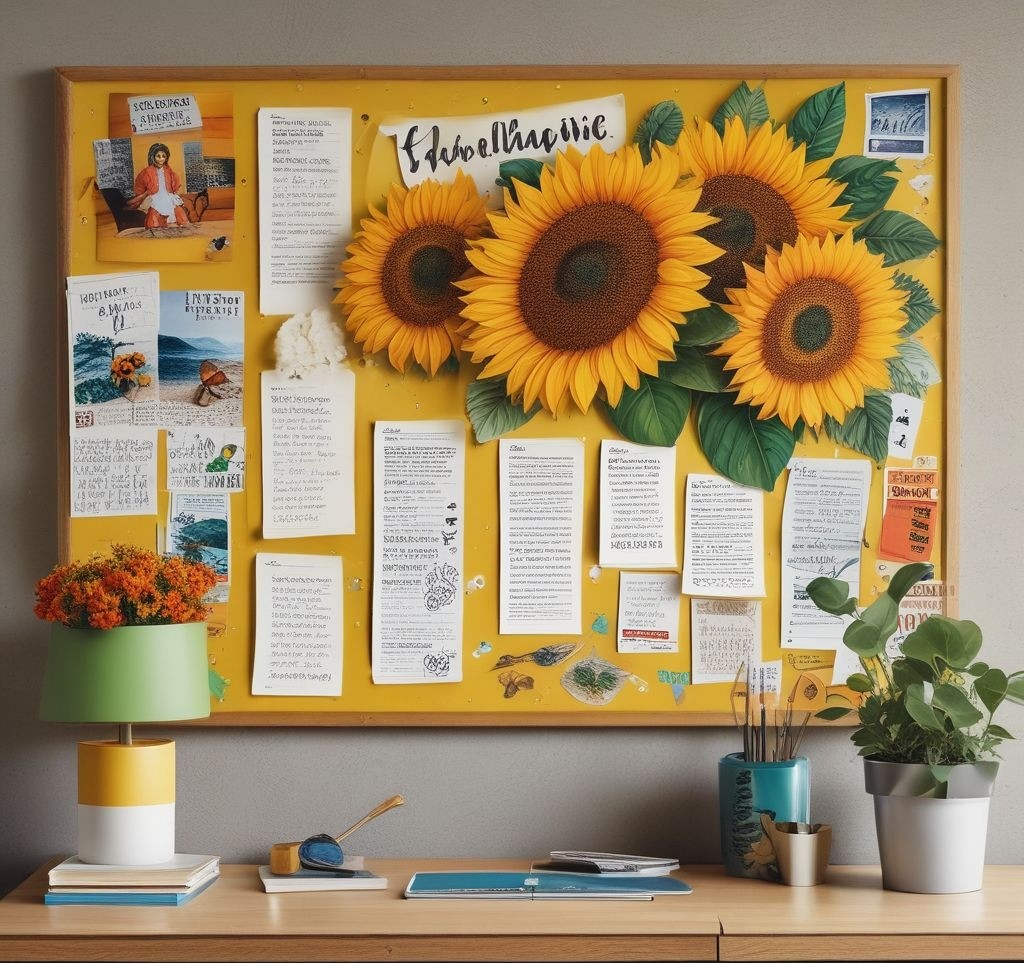 A vibrant sunflower and daisy-themed bulletin board in a bright workspace. The board features bold summer colors with inspirational quotes, beach-themed postcards, and a small travel bucket list pinned to it.