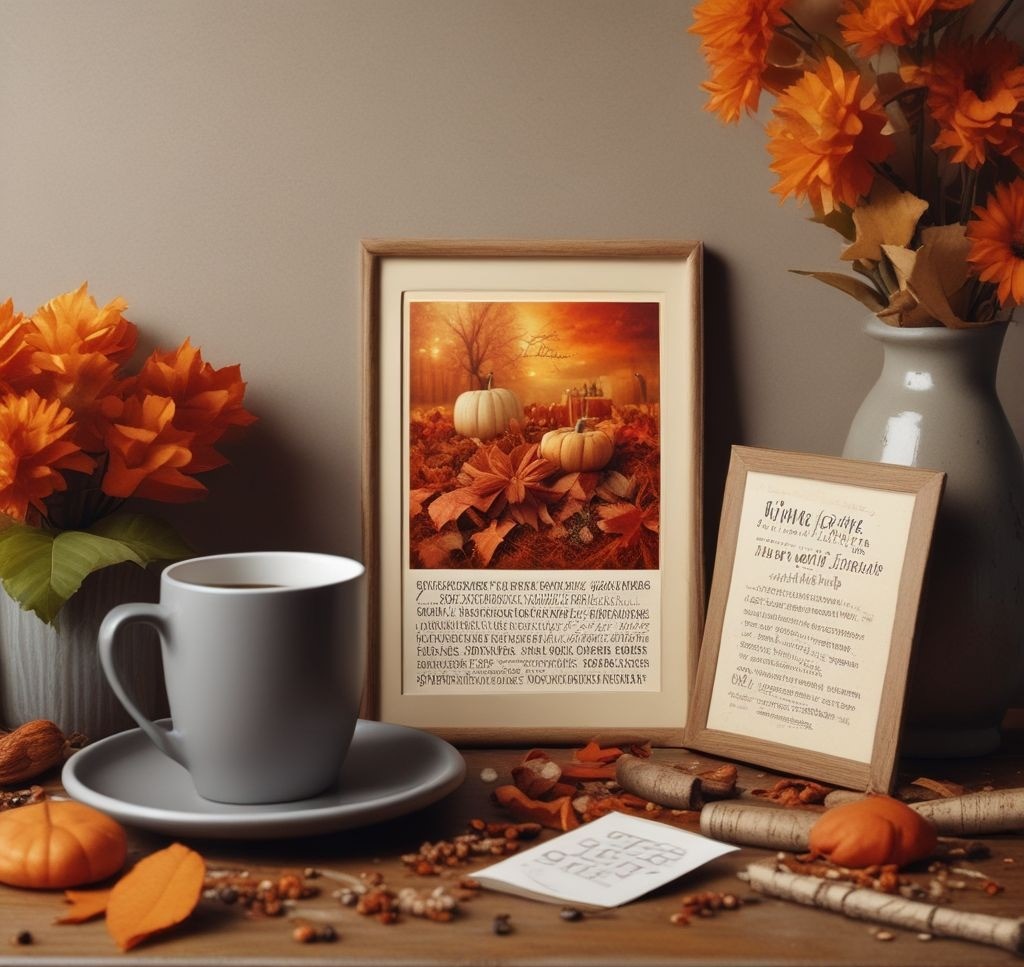 A cozy autumn-themed bulletin board featuring dried leaves, burnt orange floral accents, and pinned notes with fall-themed quotes. A pumpkin spice latte sits on the desk next to a flickering candle.
