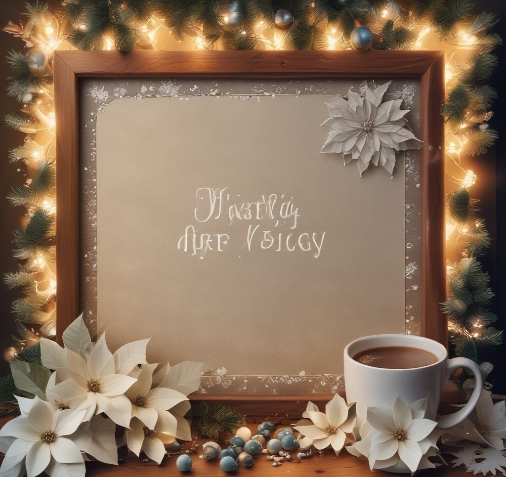 A winter-inspired bulletin board decorated with white poinsettias, snowflake accents, and holiday reminders pinned to it. The surrounding workspace has a cozy aesthetic with fairy lights and a hot chocolate mug.