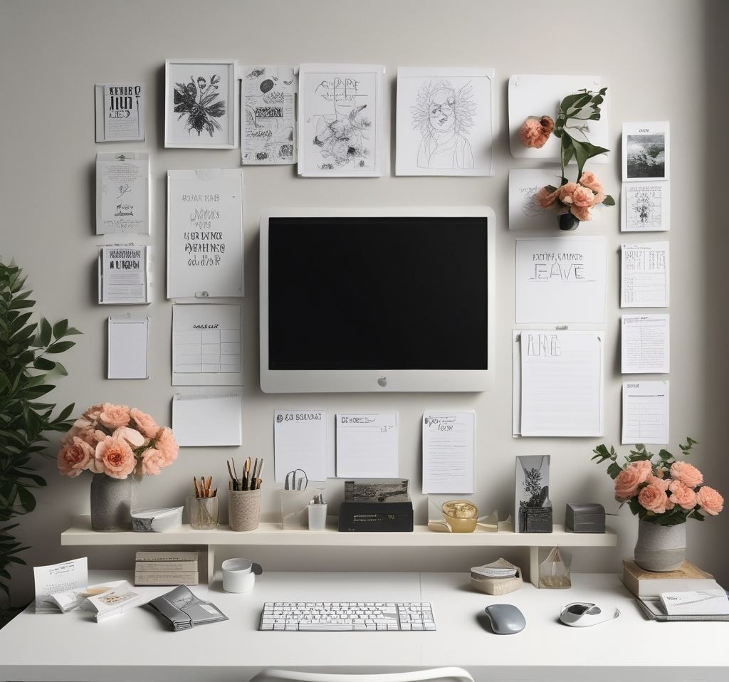 A stylish and modern home office setup with a floral-themed bulletin board mounted above a white desk. The board is neatly arranged with pinned notes, motivational quotes, and small floral accents, creating an organized yet aesthetic workspace.