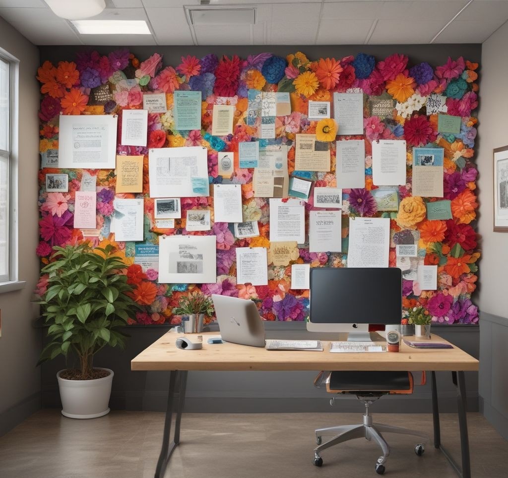 A large shared office space featuring a community bulletin board decorated with an array of colorful flowers, pinned notes, and a section for team shout-outs. The setting is lively and collaborative, with employees engaging in the workspace.